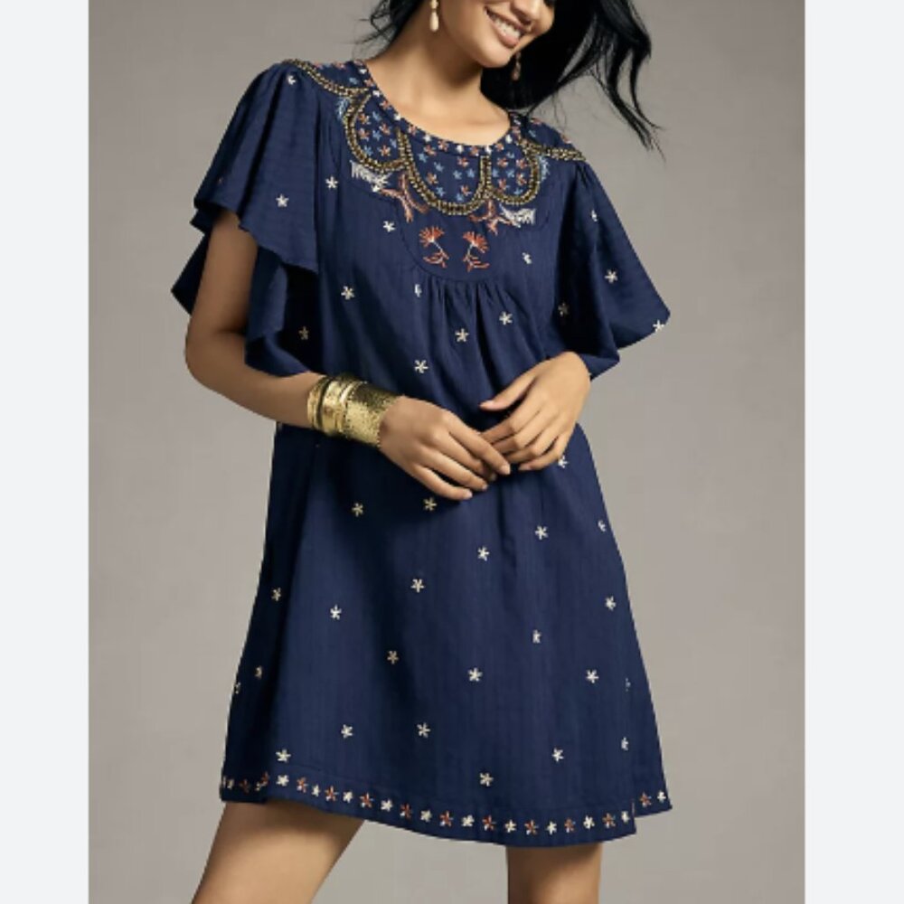 By Anthropologie Crewneck Embroidered Tunic Mini Dress Beaded Floral Cotton Navy